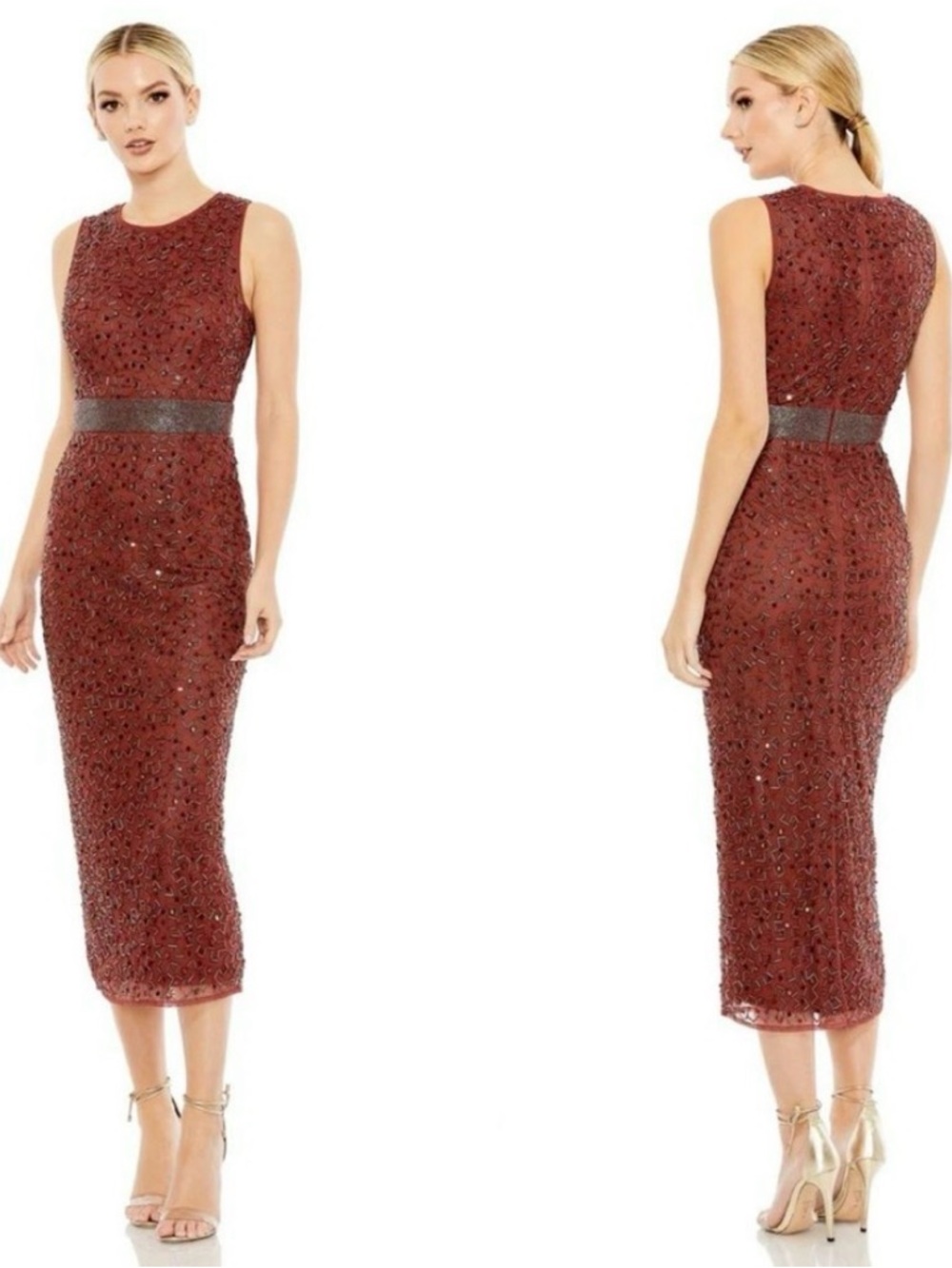 Mac Duggal Burgundy Beaded Sleeveless Midi Dress